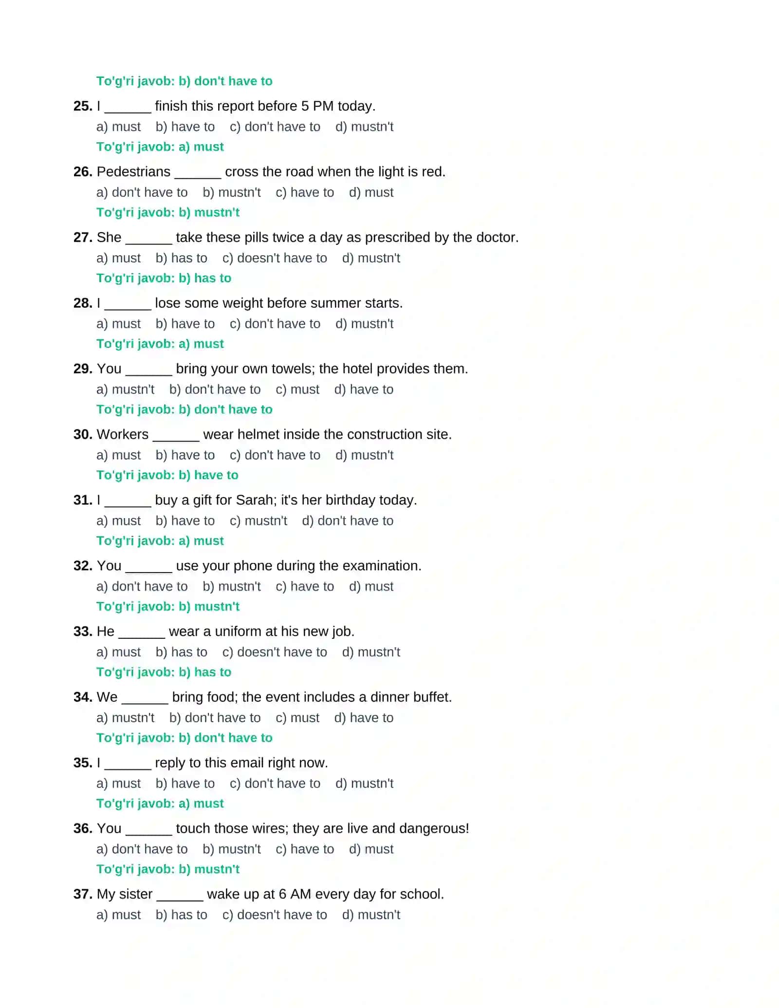 Modal Verbs — must / have to mavzusidagi 100 talik test toʻplami javoblari bilan 3