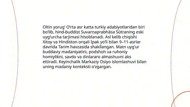 Islomgacha boʻlgan davrdagi qadimgi turkiy adabiyoti:"Oltin yorugʻ","Oʻgʻuznoma","Irq bitigi" 3