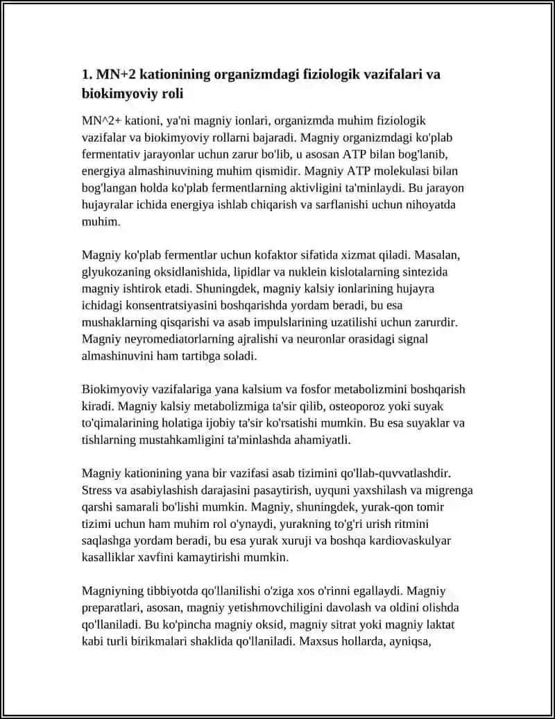 MN+2 KATIONING ORGANIZMDA AHAMYATI TIBBIYOTDA QULANISHI VA DORI VOSITALARING TARKIBIDA SINF HAMMDA MIQDORI ANIQLASH 3