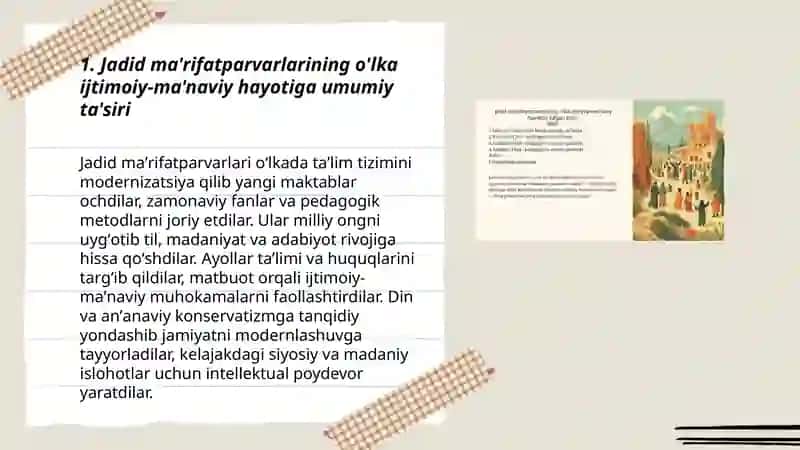 Jadid ma'rifatparvarlarining o'lka ijtimoiy-ma'naviy hayotida tutgan o'rni (Munavvarqori, Fitrat, Behbudiy, Avloniy va boshqalar.) 3