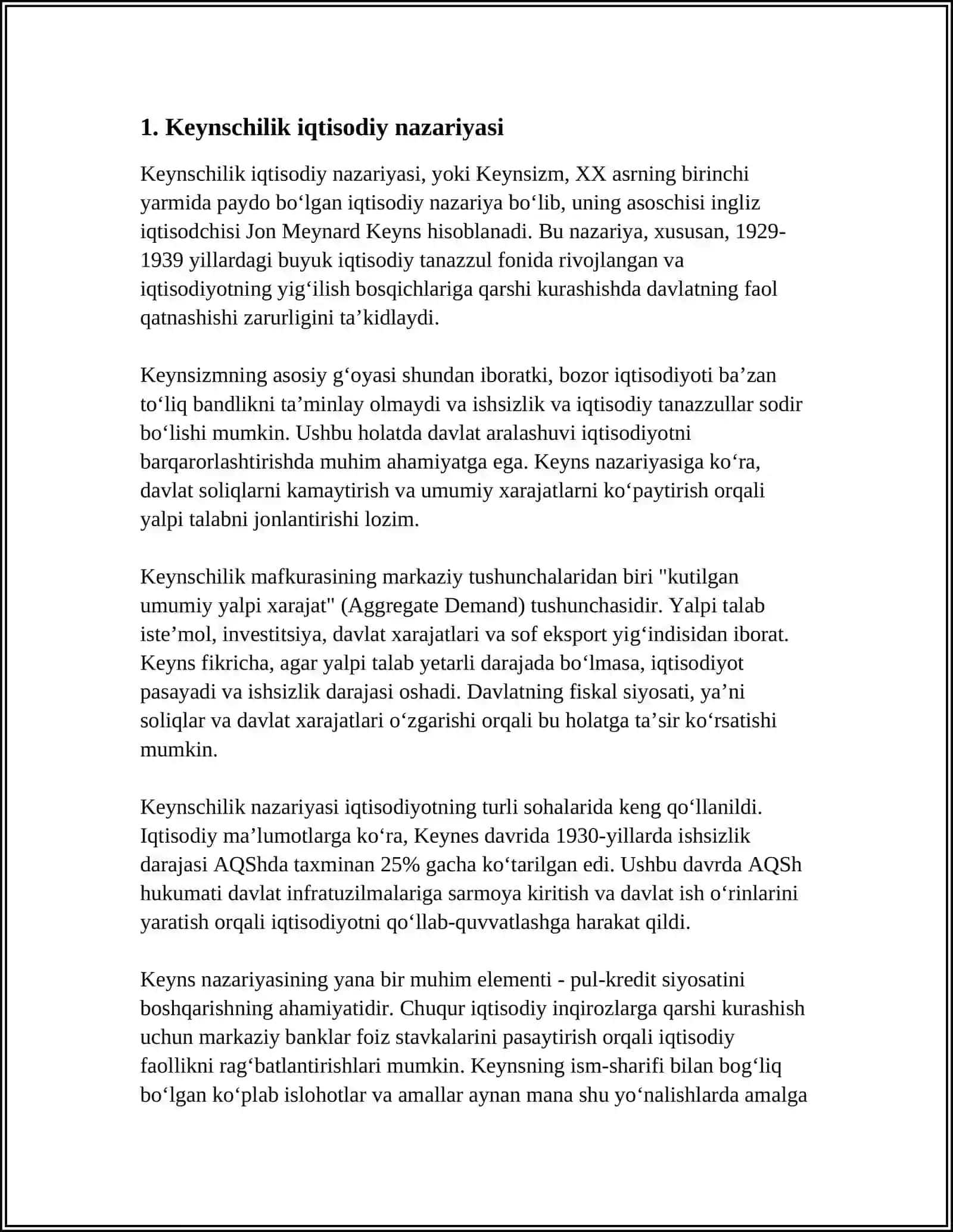 KEYNS VA KEYNSCHILIK TA'LIMOTI.NOMUKAMMAL RAQOBAT BOZORI NAZARIYALARI 3