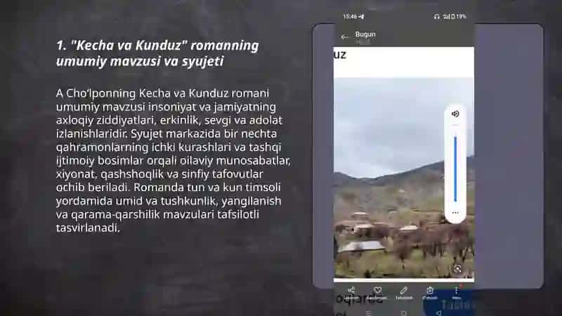 A. Choʻlponning " Kecha va Kunduz " romani. " qor qoʻynida lola " hikoyasini oʻqish 3