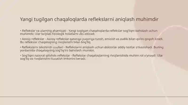 Yangi tugilgan chaqaloqlarda reflekslarni aniqlash. 3