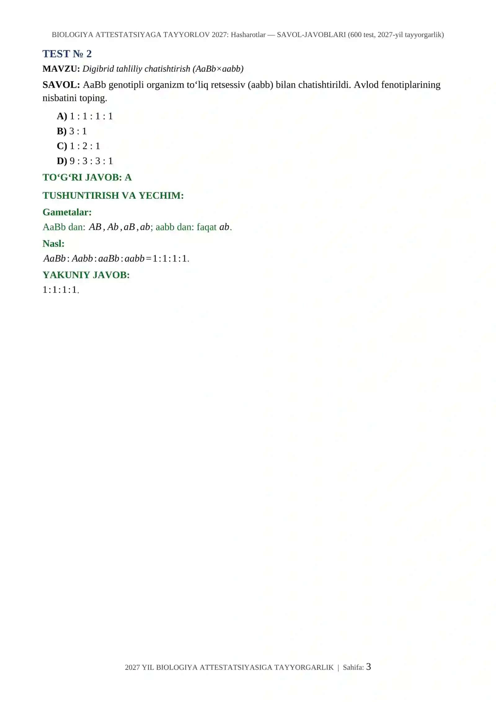 BIOLOGIYA ATTESTATSIYAGA TAYYORLOV 2027: Hasharotlar — SAVOL-JAVOBLARI (600 test, 2027-yil tayyorgarlik) 3