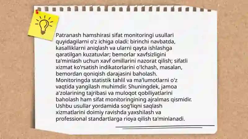 Patranash hamshiraning hujjatlari.Patranash hamshirasi ish faoliyatining sifat monitoringi 3