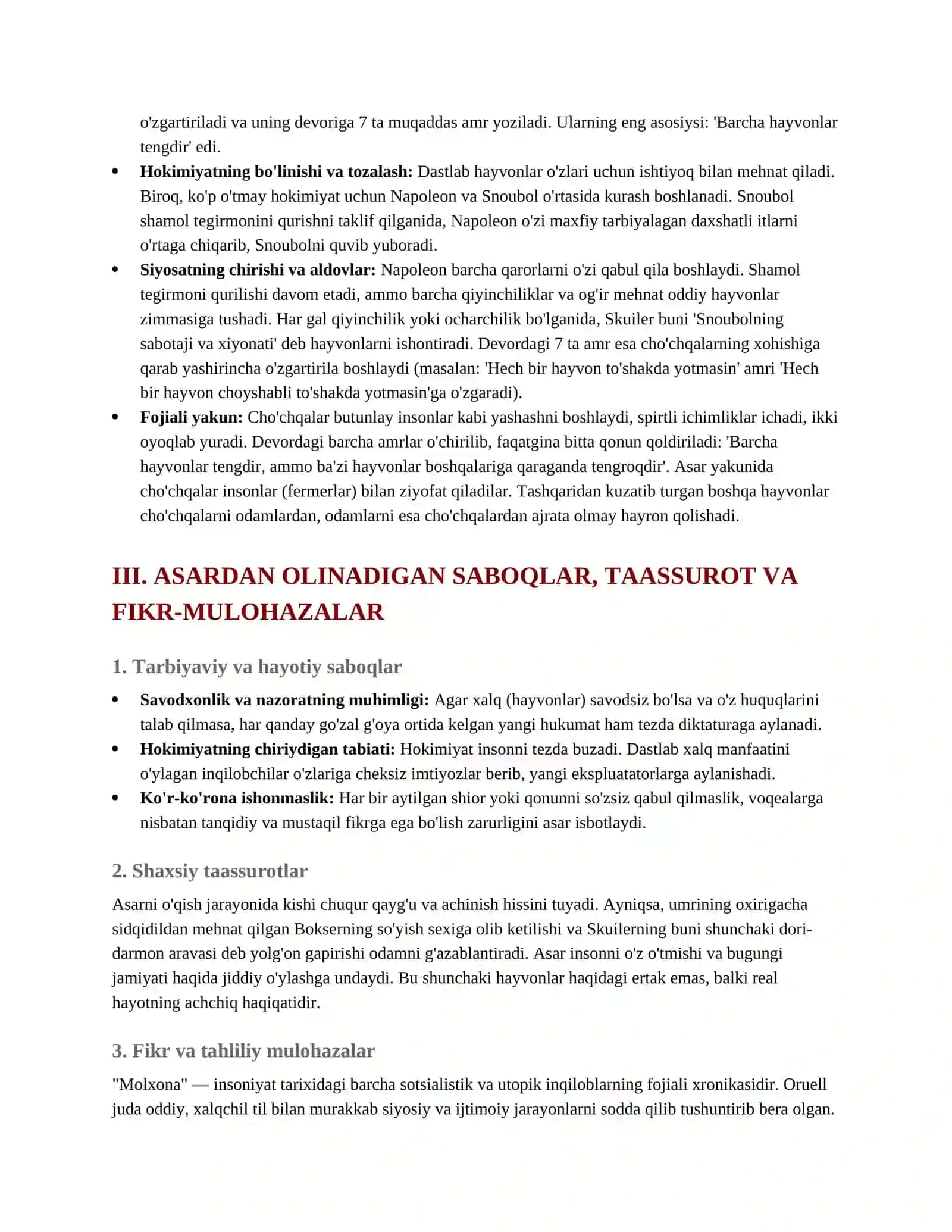 "Molxona" (Animal Farm) Qissasi Tahliliy Qo'llanma va Testlar 3