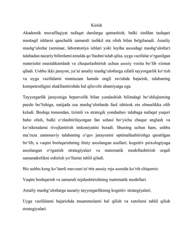 Amaliy mashg'ulotlariga tayyorgarlik ko'rish va uyga vazifalarni bajarish 3