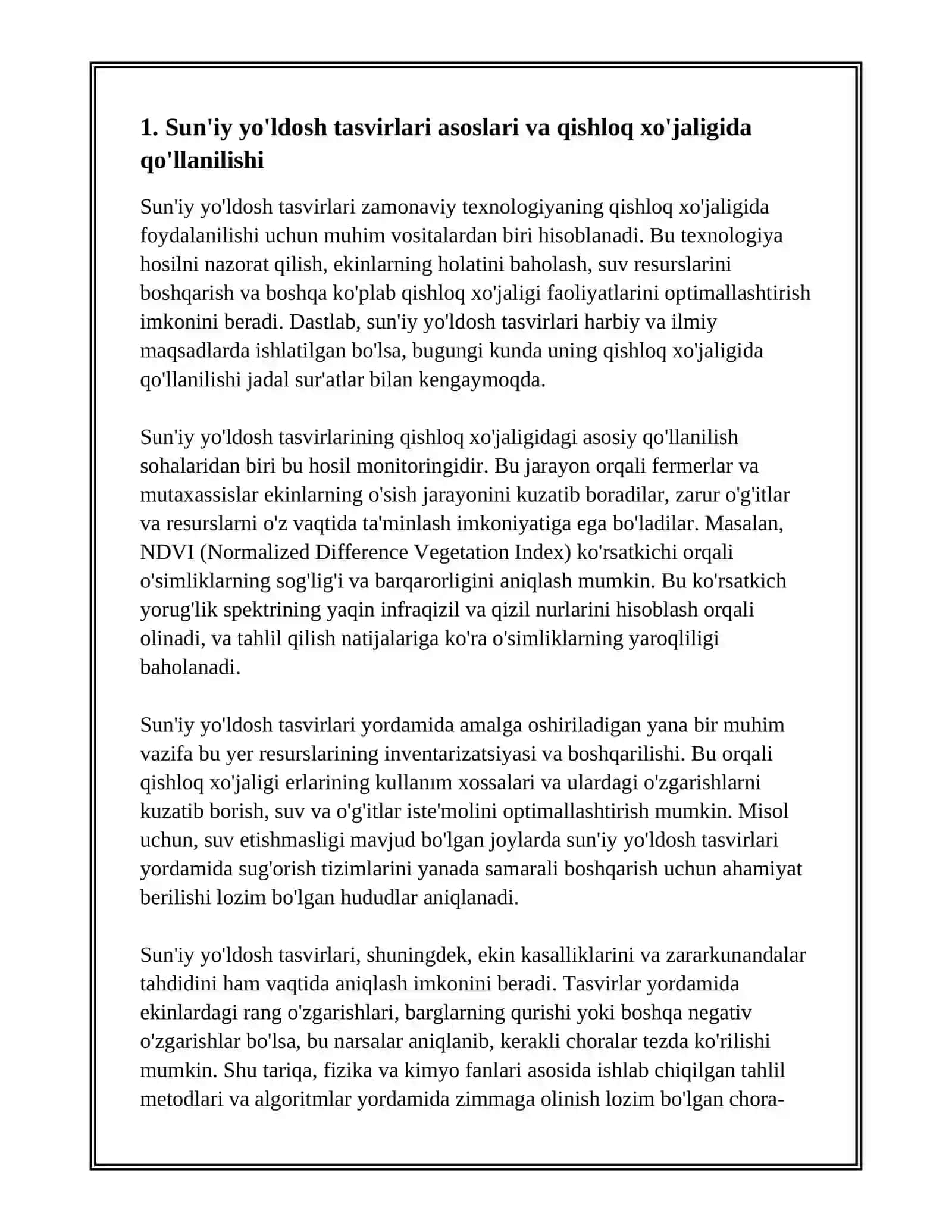 SUN'IY YOʻLDOSH TASVIRLARI YORDAMIDA QISHLOQ HO`JALIGI YERLARINI MONITORING QILISH 3