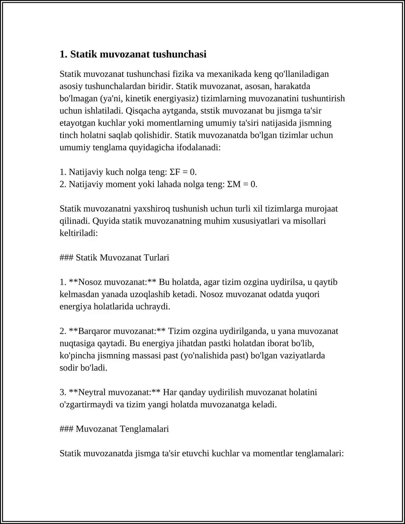 Statik muvozanat tushunchasi 3