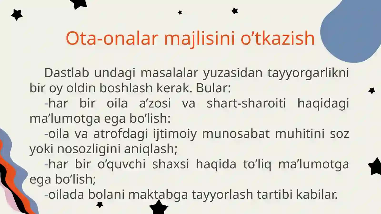 Ota-onalar bilan hamkorlik. Ota-onalar majlisini o’tkazishning tartibi 3