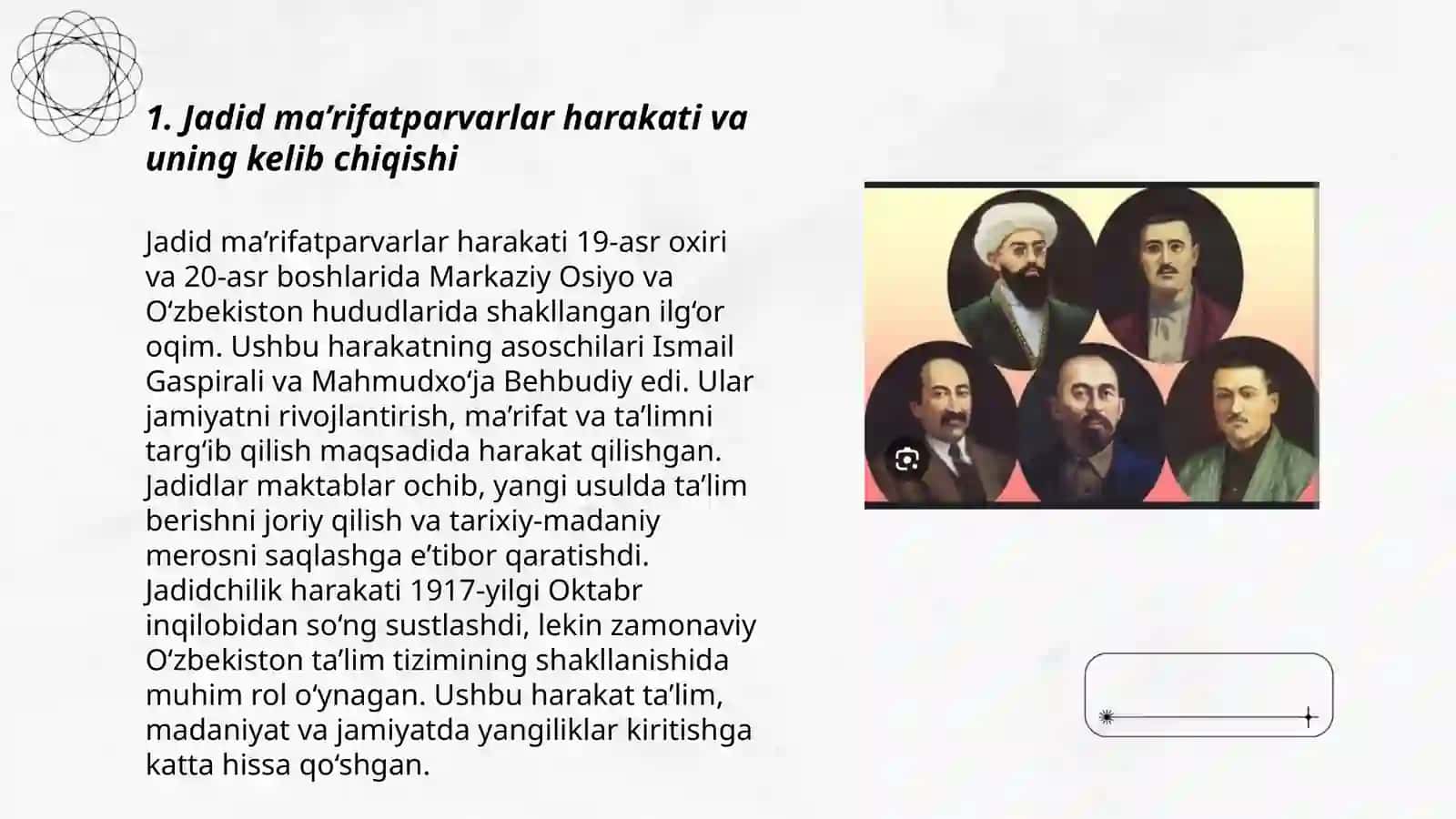 Jadid ma’rifatparvarlarining o‘lka ijtimoiy-ma’naviy hayotida tutgan o‘rni (Munavvar Qori, Fitrat, Behbudiy, Avloniy va boshqalar.) 3
