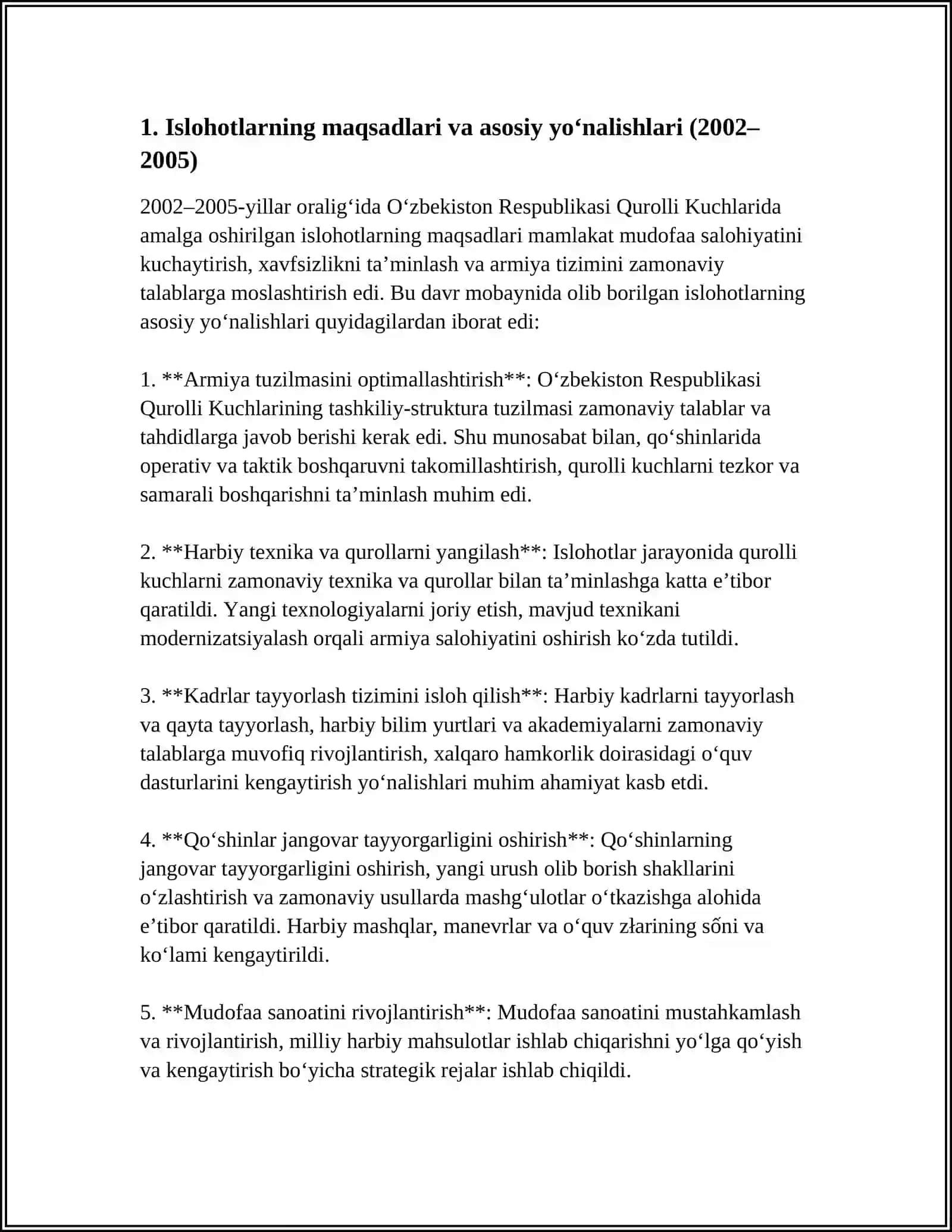 OʻZBEKISTON RESPUBLIKASI QUROLLI KUCHLARIDA OLIB BORILAYOTGAN ISLOXOTLAR,2 BOSQICH 2002-2005 YILLAR 3