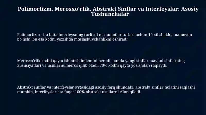 Polimorfizm, Merosxo'rlik, Abstrakt Sinflar va Interfeyslar: Asosiy Tushunchalar 3