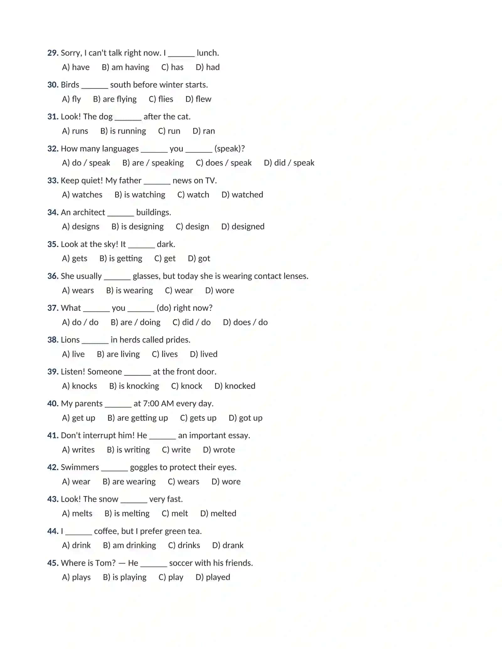 INGLIZ TILI GRAMMATIKASI: PRESENT SIMPLE VS PRESENT  CONTINUOUS 100 TALIK TEST JAVOBI BILAN 3