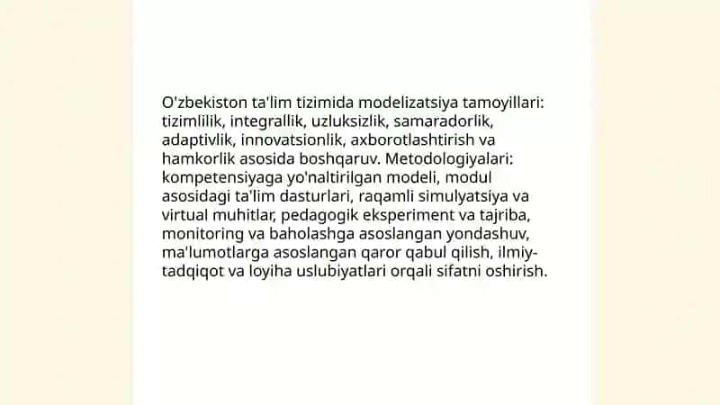 O'zbekiston Respublikasi ta'lim sistemasida modelizatsiya jarayonlari,uzluksiz ta'lim sistemasi 3