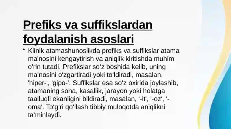 Klinik atamashunoslikda qo'llaniladigan prefiksatsiya va suffiksatsiya. Gippokrat qasamyodi 3