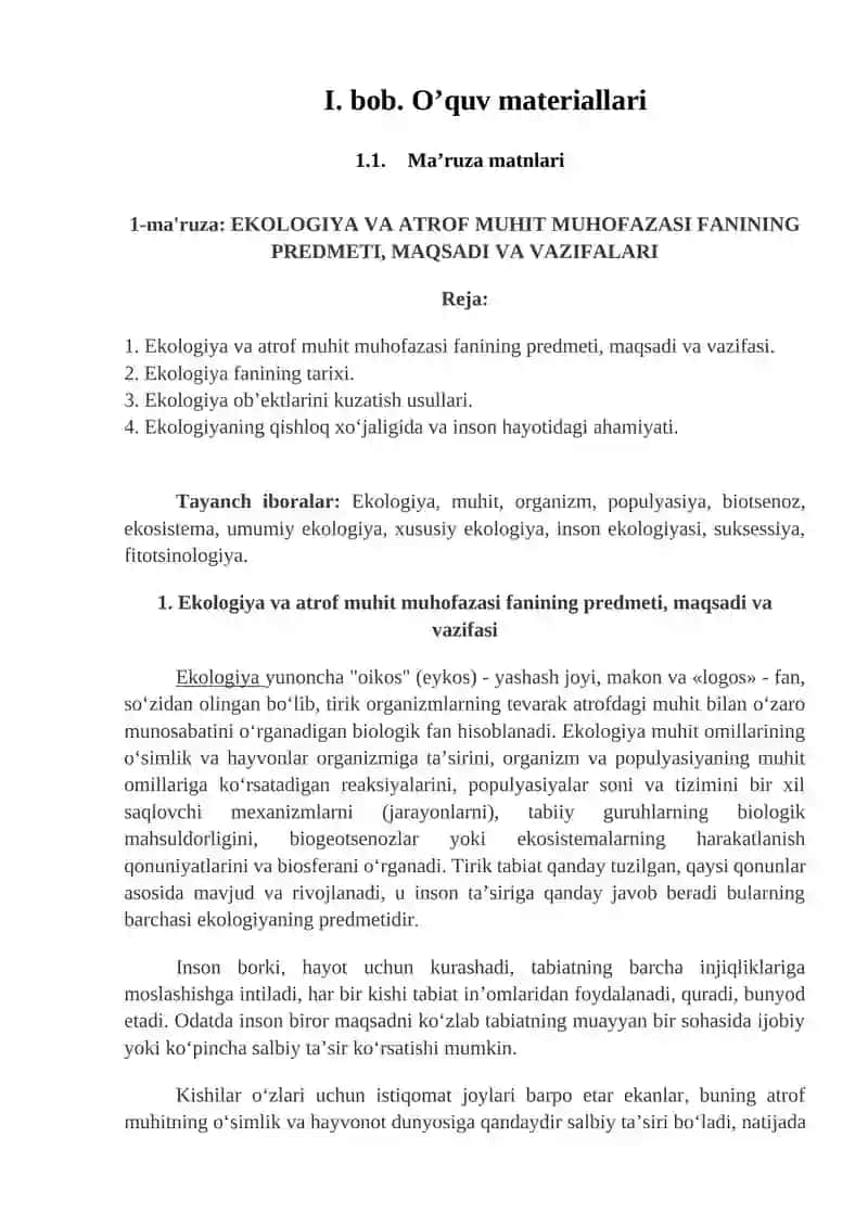 EKOLOGIYA VA ATROF MUHIT MUHOFAZASI fanidan O’QUV USLUBIY MAJMUA 3