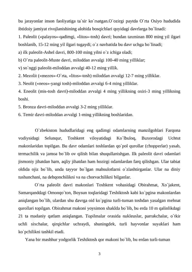 O`zbеkiston insoniyat taraqqiyotining qadimgi o`choqlaridan biri 3