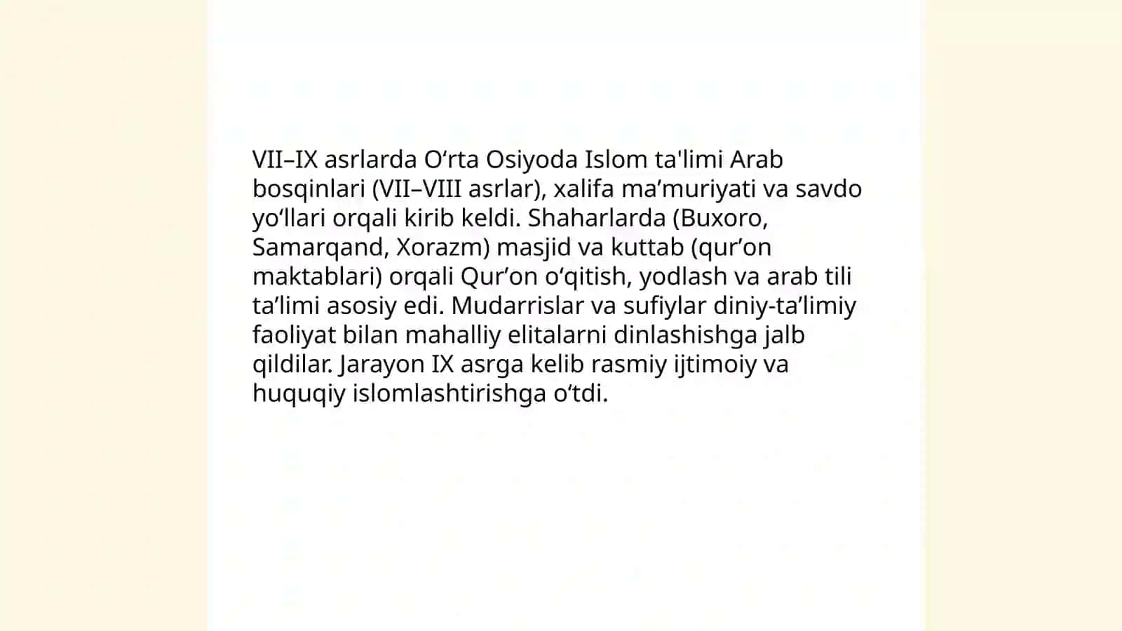 vıı asrdan ıx asrning birinchi yarimigacha Oʻrta Osiyoda tarbiya, maktab va pedafogik fikirlar 3
