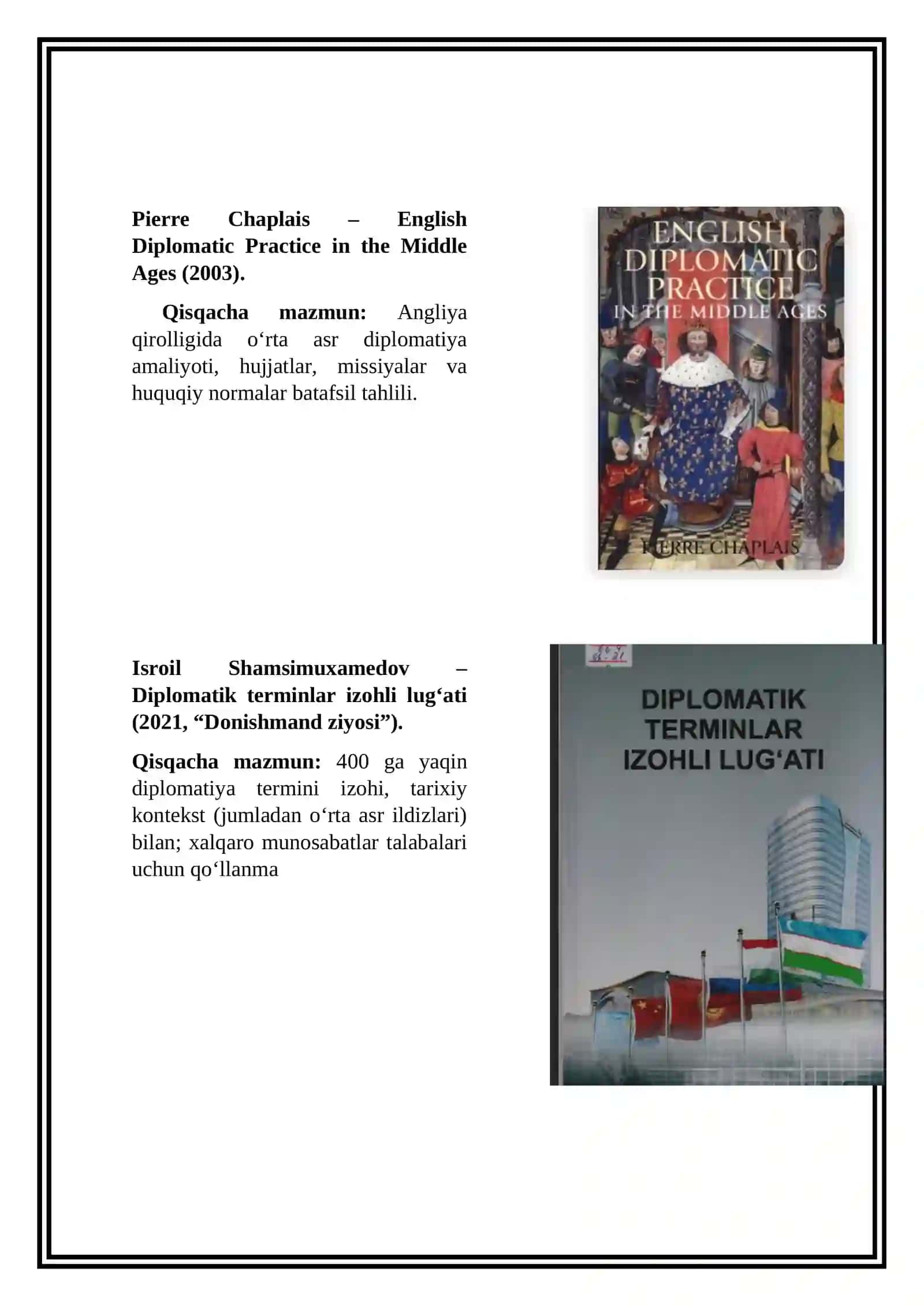 “O‘rta asrlarda Yevropada xalqaro munosabatlar va diplomatiya” Mavzuga oid manbalar tahlili va adabiyotlar sharhini tayyorlash 3