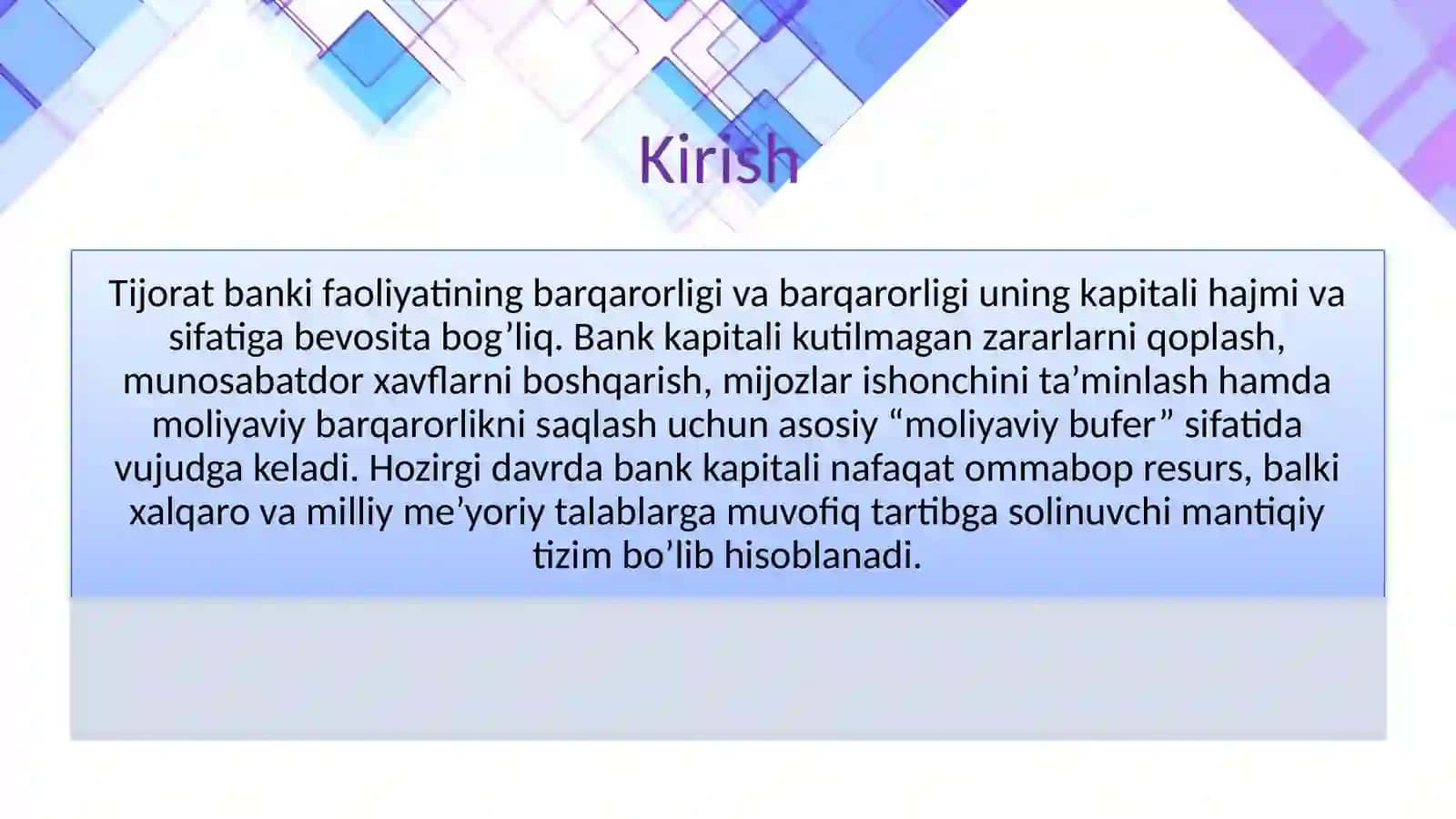Tijorat bankining kapitali  uning tarkibi va yetarliligiga qo’yilgan talablar. 3