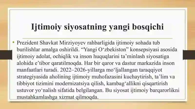 Oʻzbekistonda ijtimoiy sohada amalga oshirilayotgan oʻzgarishlar mazmun va mohiyati 3