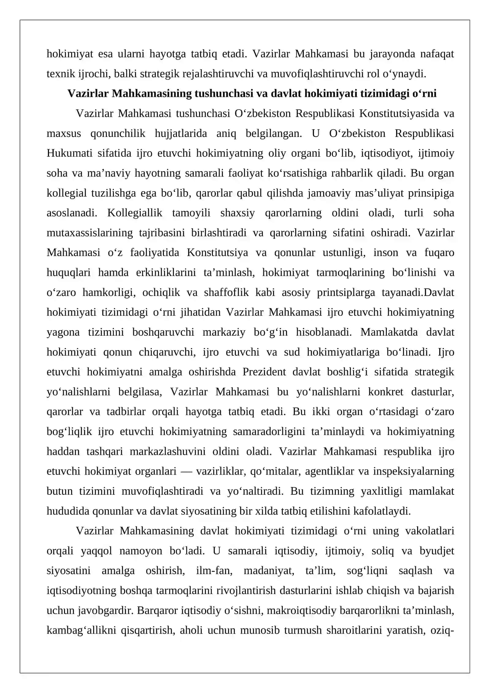 O‘zbekiston Respublikasi Vazirlar Mahkamasining hokimiyat tizimidagi o‘rni 3