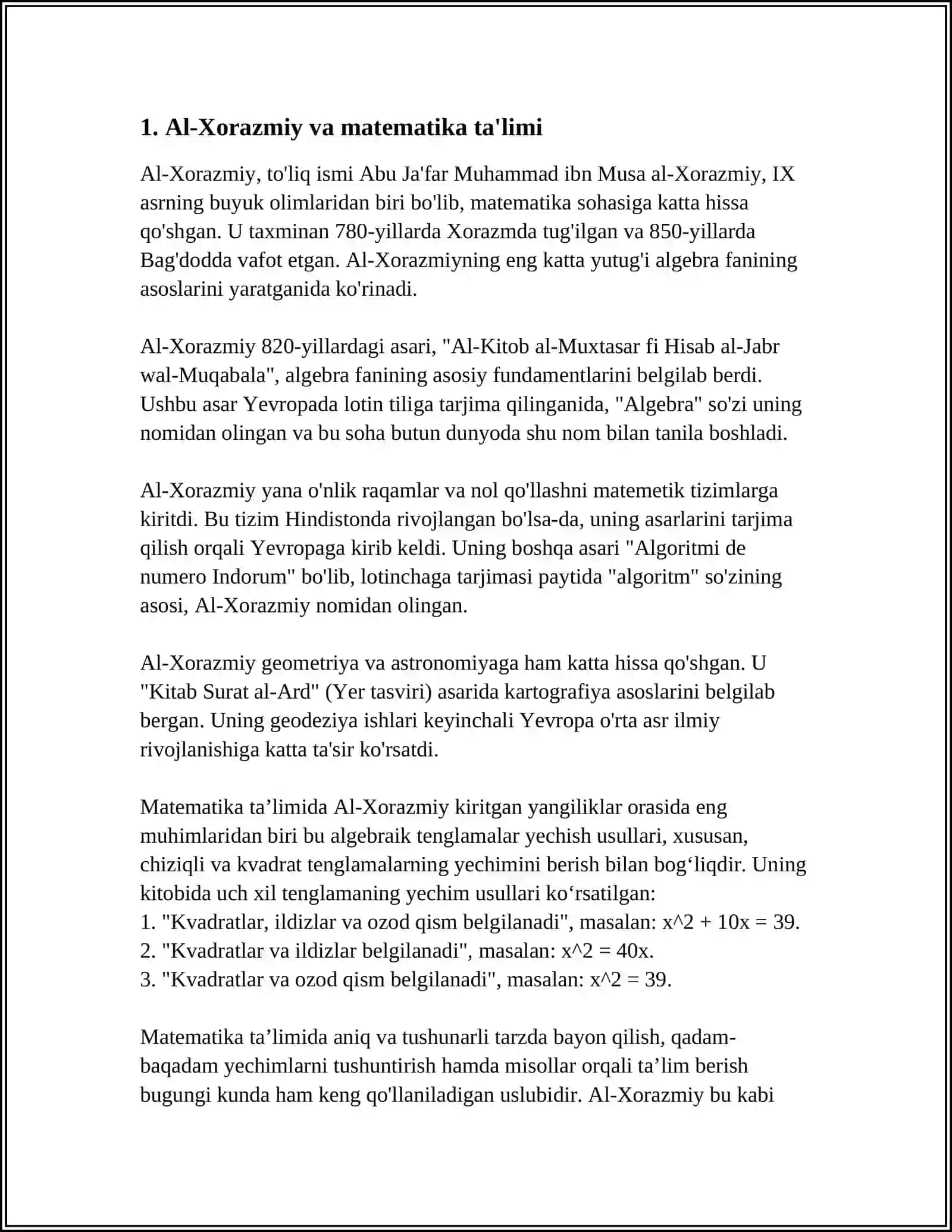 SHARQ UYGʻONISH DAVRIDA PEDAGOGIK FIKR TARAQQIYOTI (AL-XORAZMIY, AL-FOROBIY, ABU RAYHON BERUNIY, ABU ALI IBN SINONING TAʼLIM-TARBIYAGA OID QARASHLAR 3