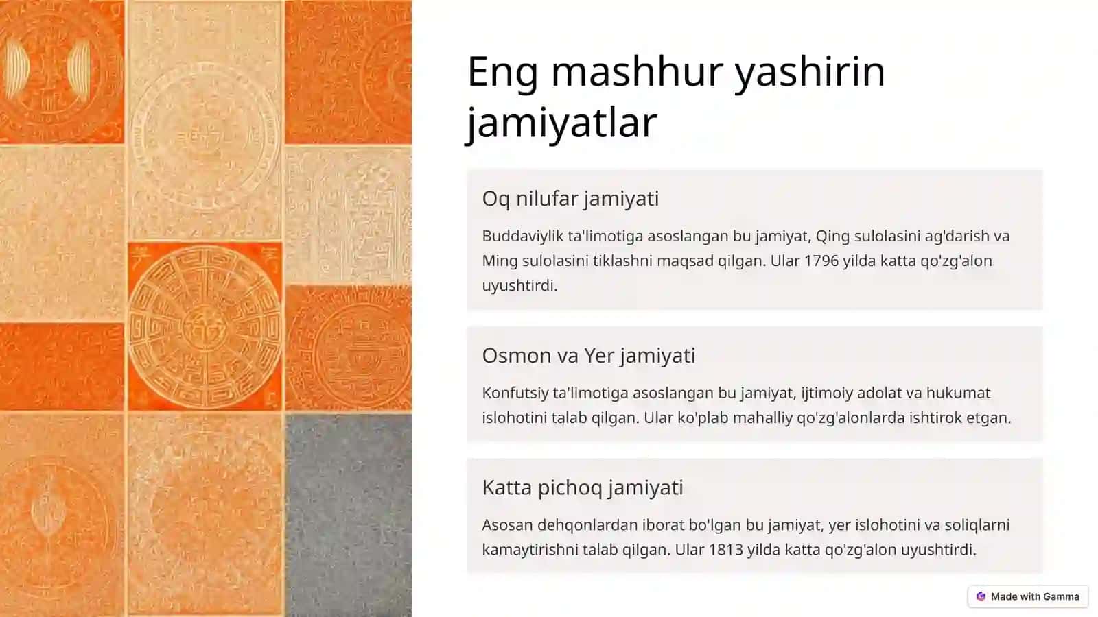 XVIII asr oxiri – XIX asrda Xitoyda yashirin jamiyatlar va xalq qo'zg'alonlari 3