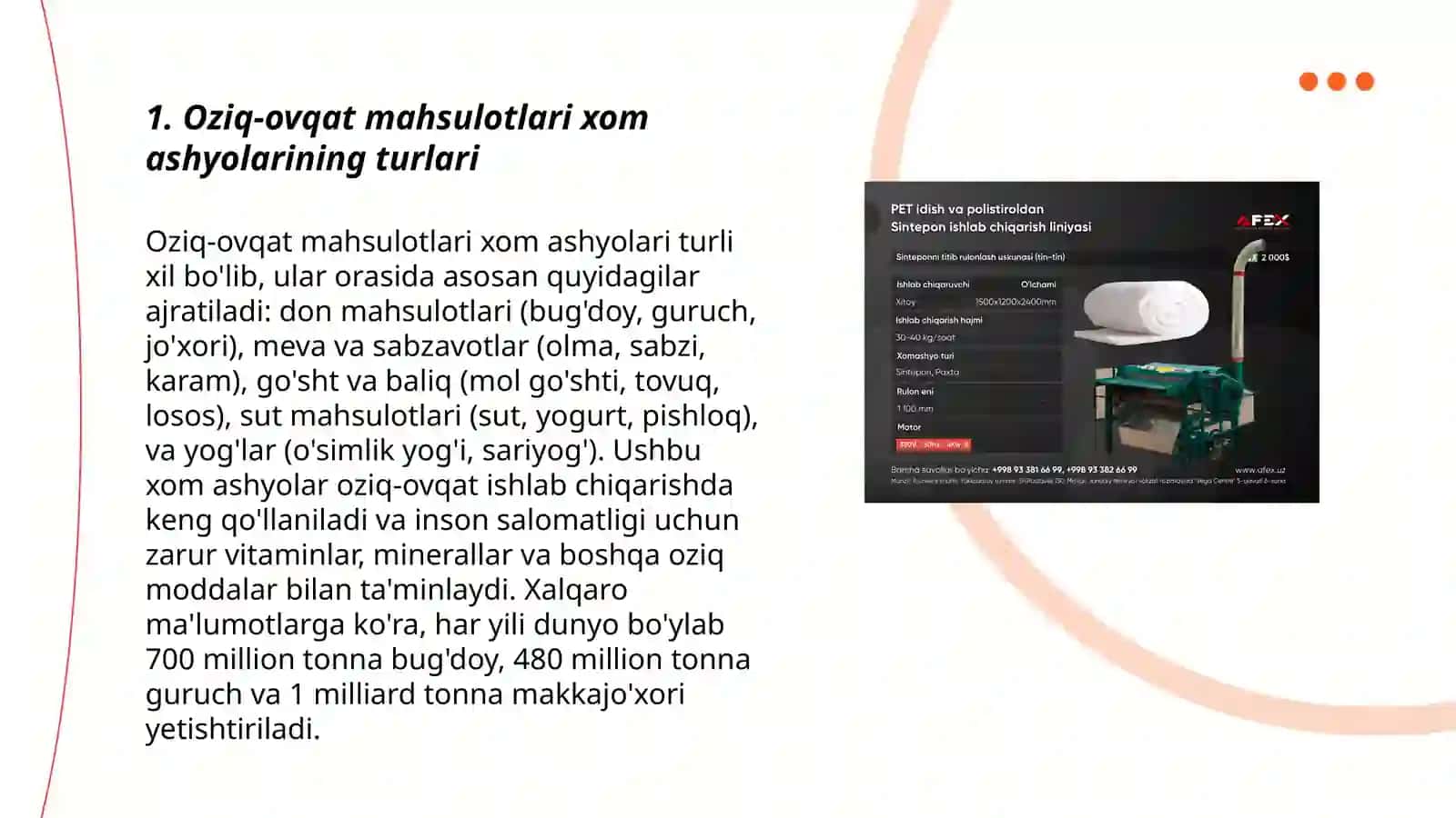Oziq ovqat mahsulotlari ishlab chiqarish va xom ashyoni tasnifi 3