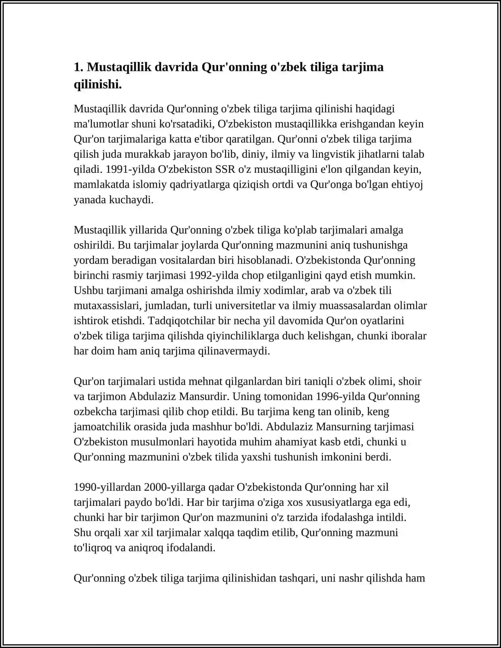 MUSTAQILLIK YILLARIDA QUR`ONNING O`ZBEK TILIDA TARJIMA QILINISHI VA TAFSIFLARI 3
