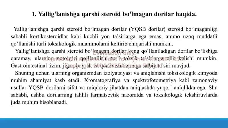 3. Yallig'lanishga qarshi steroid bo'lmagan dorilar. Toksikologik ahamiyati, izolyatsiyasi, sifat va miqdoriy tahlili. Taqdimot 13 bet. 3