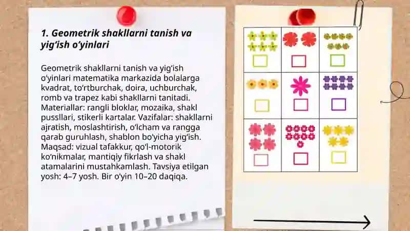 Qurish va yasash matematik markazlarida tashkil etiluvchi oʻyinlar 3