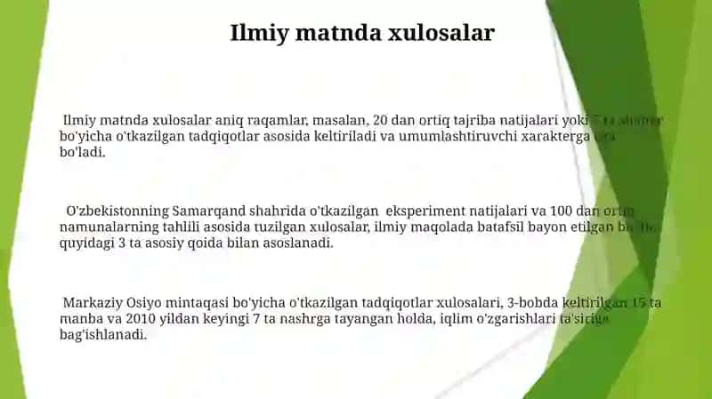 Ilmiy matnda dalillar, obyektlar, jarayonlar va xulosalarning berilishi 3