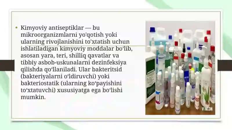 Zamonaviy  fizik  antiseptika  usullari.  Kimyoviy  va  biologik  antiseptiklar guruxlari va turlari 3