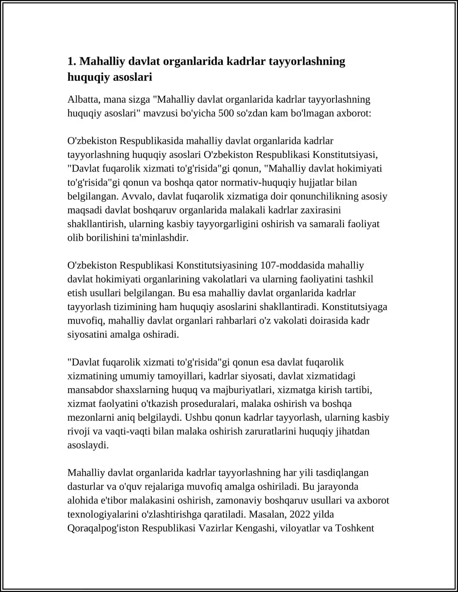 MUSTAQIL ISH Mavzu: MAHALLIY DAVLAT ORGANLARIDA KADRLAR TAYYORLASHNING ASOSIY TAMOYILLARI 3