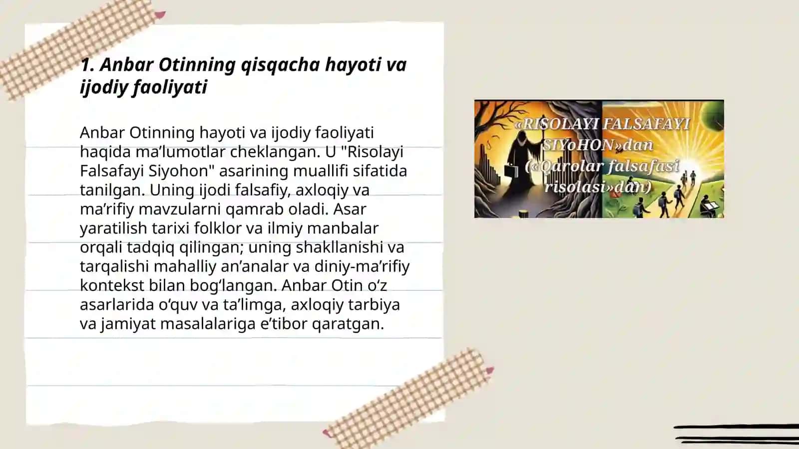 Anbar Otin hayoti va ijodi."Risolayi falsafayi siyohon" asar yaratilish tarixi 3