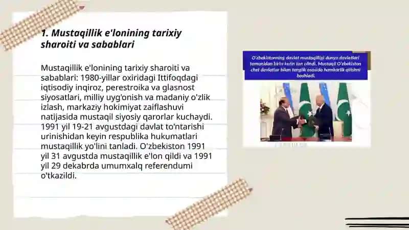Mustaqil Oʻzbekiston Respublikasi tashkil topishining tarixiy ahamiyati 3