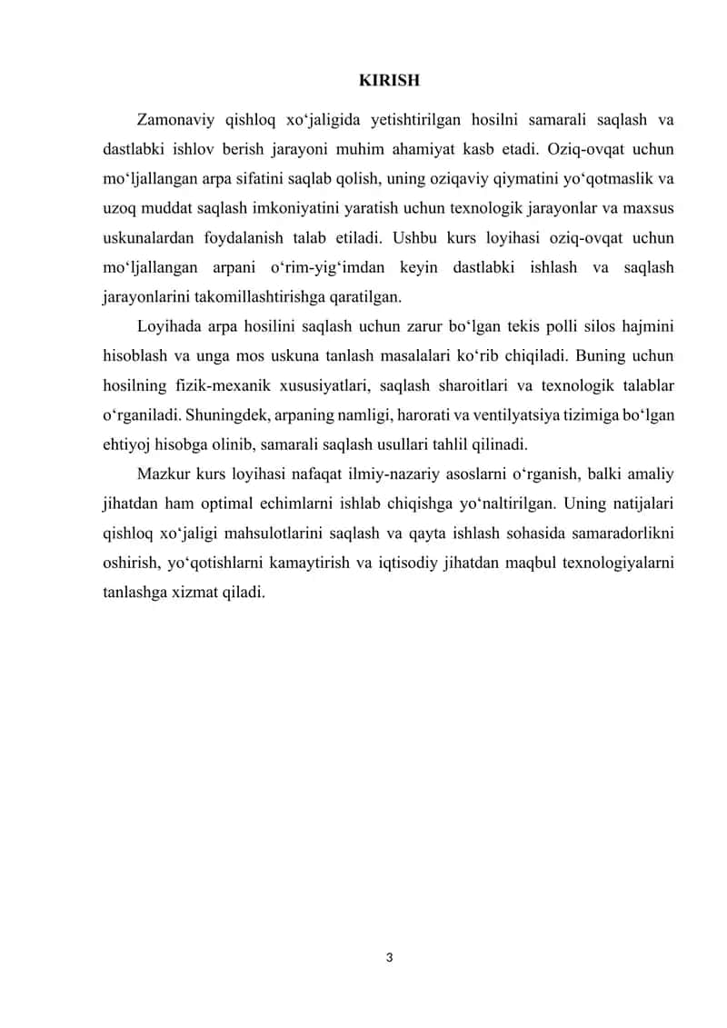 Oziq-ovqat uchun moʻljallangan arpani oʻrim-yig'imdan keyin dastlabki ishlash va saqlash uchun uskuna, tekis polli silos hajmlarini hisoblash 3