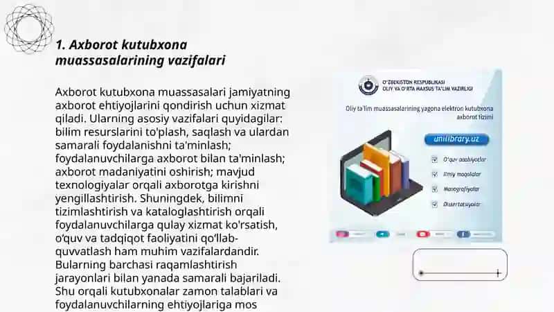 Axborot kutubxona muassasalarida foydalanuvchilarga o'quv va abonent orqali xizmat ko'rsatish 3