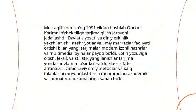 Mustaqillik yillarida Qu'oning oʻzbek tiliga tarjima qilinishi va tafsirlari haqida taqdimot 3