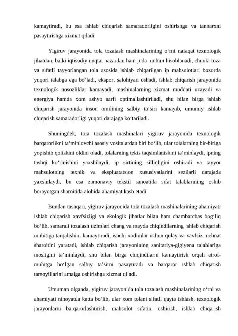 Yigiruv jarayonidagi avtomatlashtirilgan tola tozalash mashinalarini tadqiq etish 3