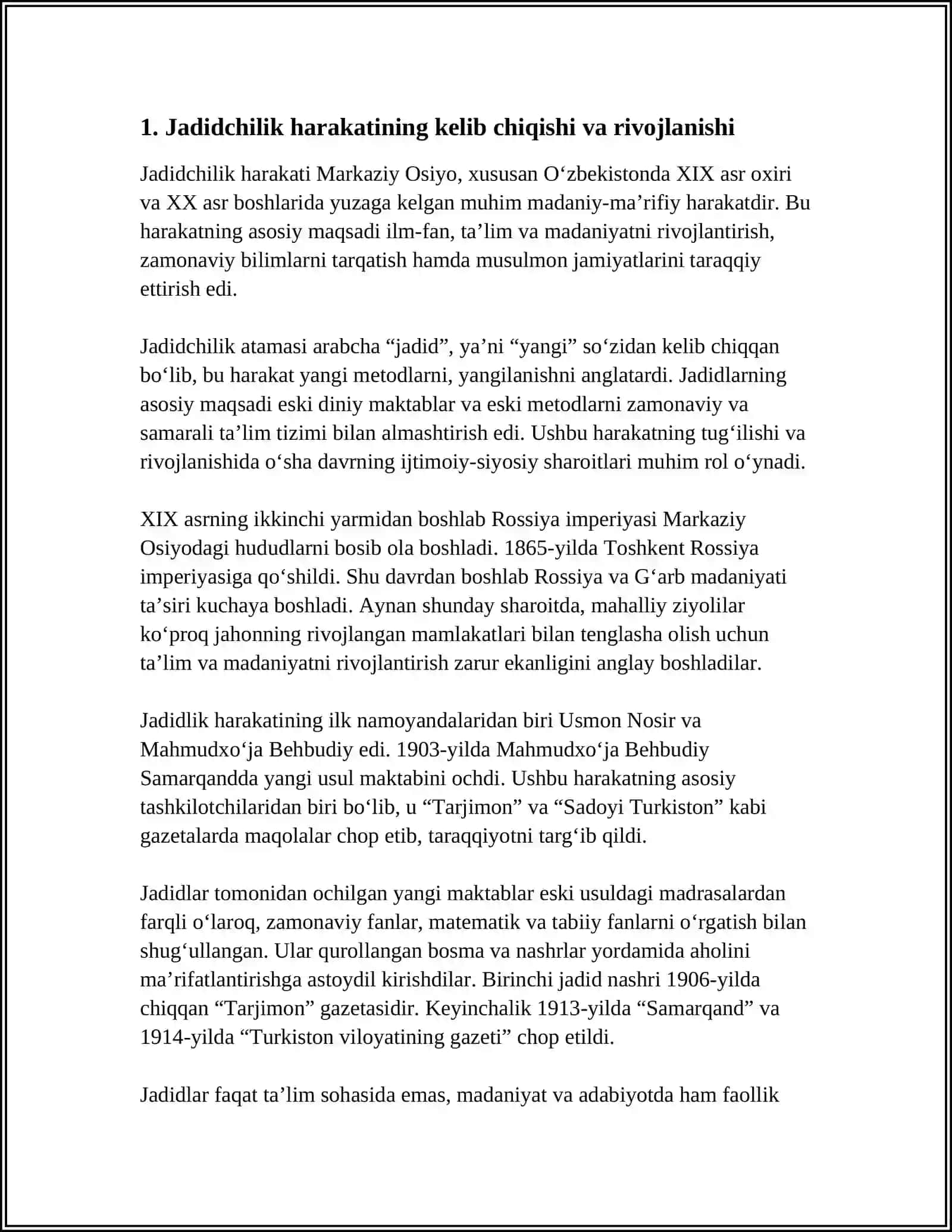TURKISTONDA JADIDCHILIK HARAKATI VA TAʼLIMDAGI ISLOHOTLAR MAVZUSIDA KURS ISHI 3