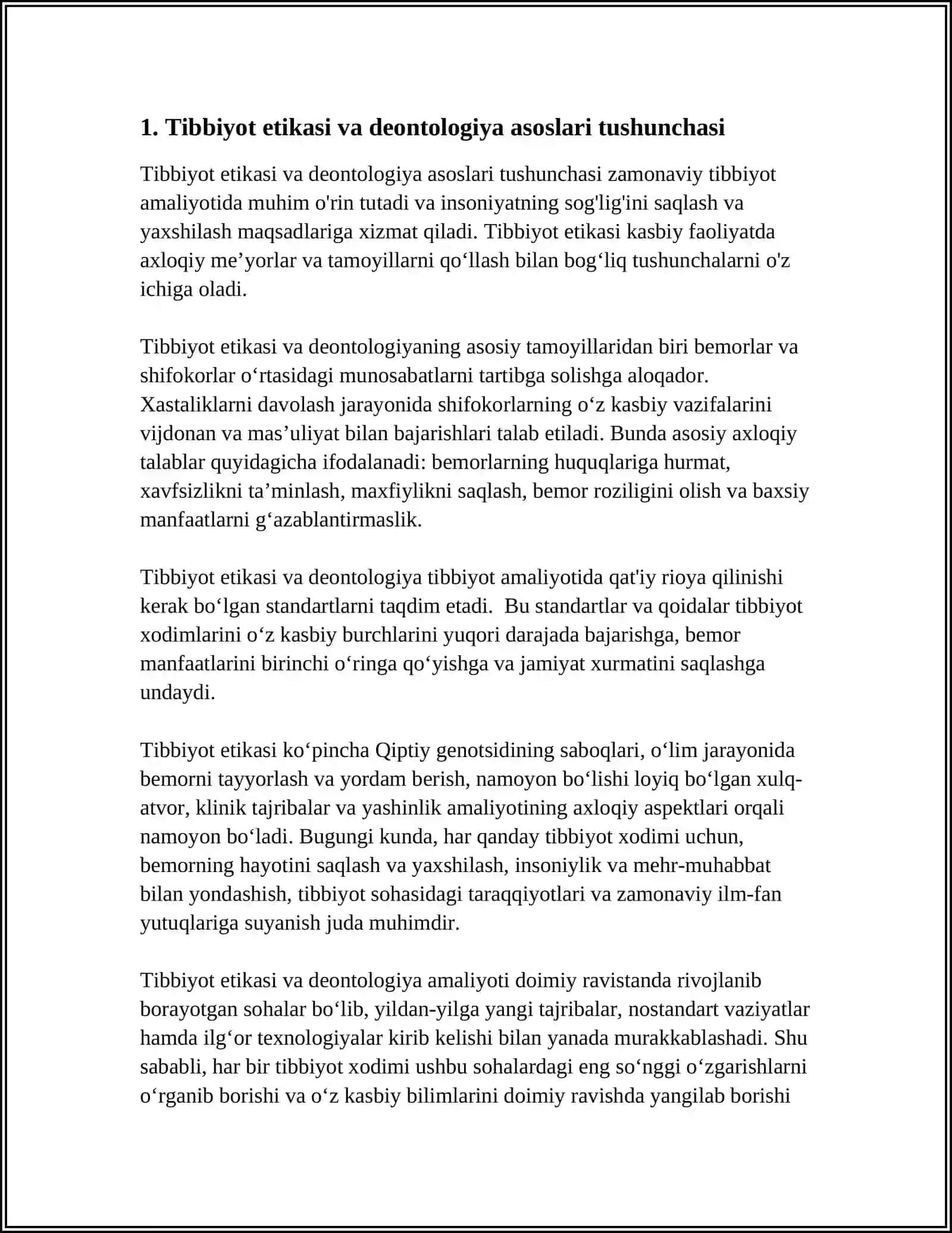 TIBBIYOT ETIKASI VA DEONTOLOGIYA ASOSLARI. XIRURGIYAQABUL BO’LIMI TUZILMASI VA VAZIFALARI 3