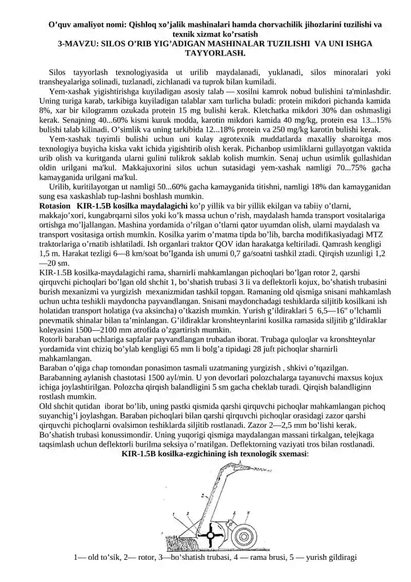 SILOS o’rib yig’adigan mashinalar tuzilishi va uni ISHGA TAYYORLASh 3