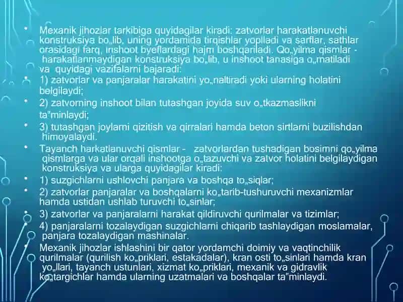 Gidrotexnika inshootlarining mexanik  jihozlari to‘g‘risida umumiy ma’lumotlar 3