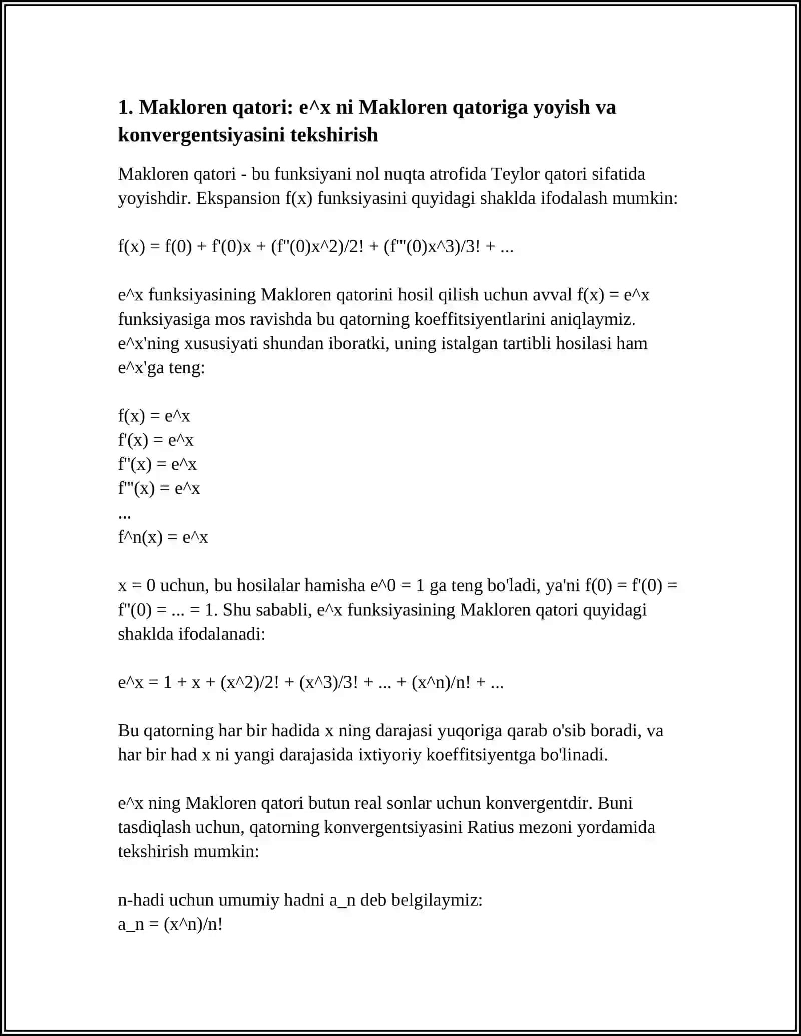 OLIY MATEMATIKA: FUNKSIYALARNI TEYLOR VA MAKLOREN QATORLARIGA YOYISHGA MISOLLAR 3