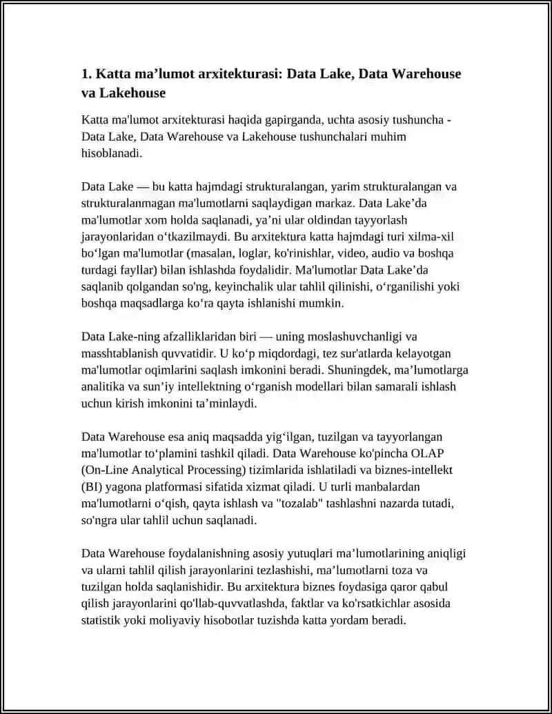 Katta ma'lumot arxitekturasi: Data Lake, Data Warehouse va Lakehouse 3