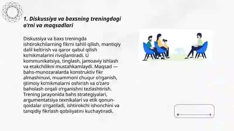 Diskussiya-Baxs munozara. (Trening jarayonini olib borish usullari) 3