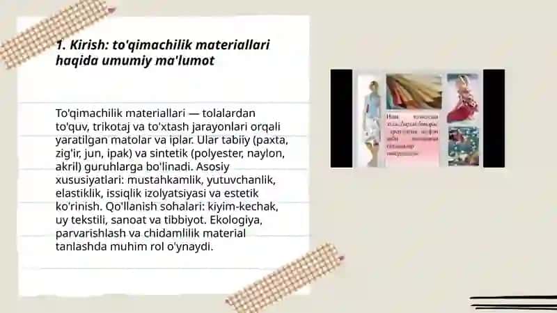 Turli xil to'qimachilik materiallari bilan tanishish taqdimot tayyorlash 3